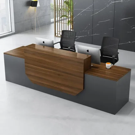 Luxury Modern Reception Table with Pedestal & Round Wire Manager – Grey & Brown Particle Board