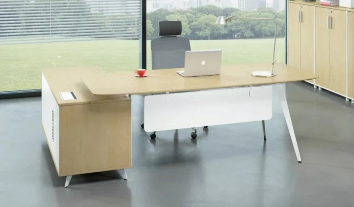 Director L‑Shape Executive Desk – Modern Luxury in White & Brown - Image 1